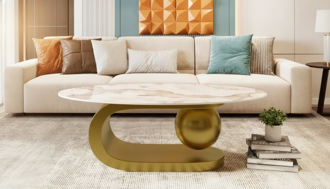47.2″ Oval Marble-Look Coffee Table with Gold Base