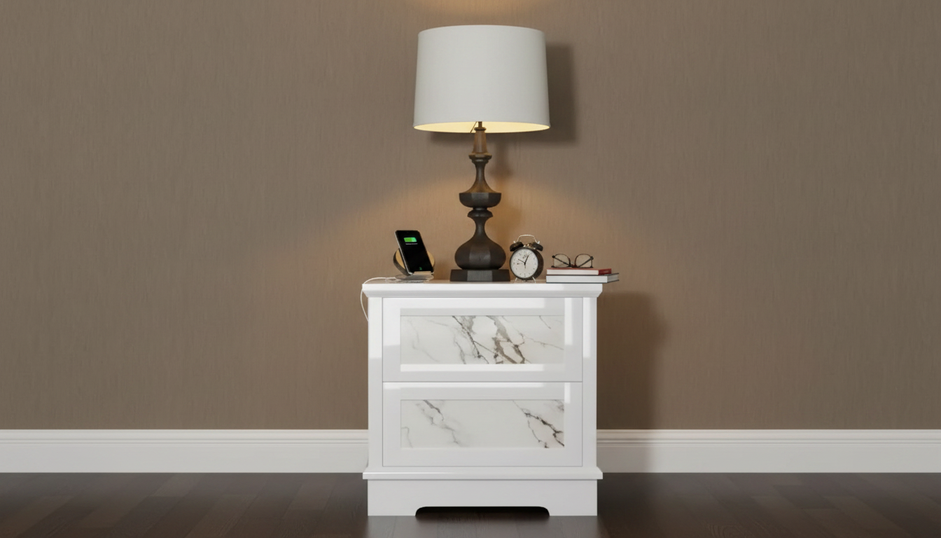 High-Gloss Marble Nightstands (Set of 2) With Drawers