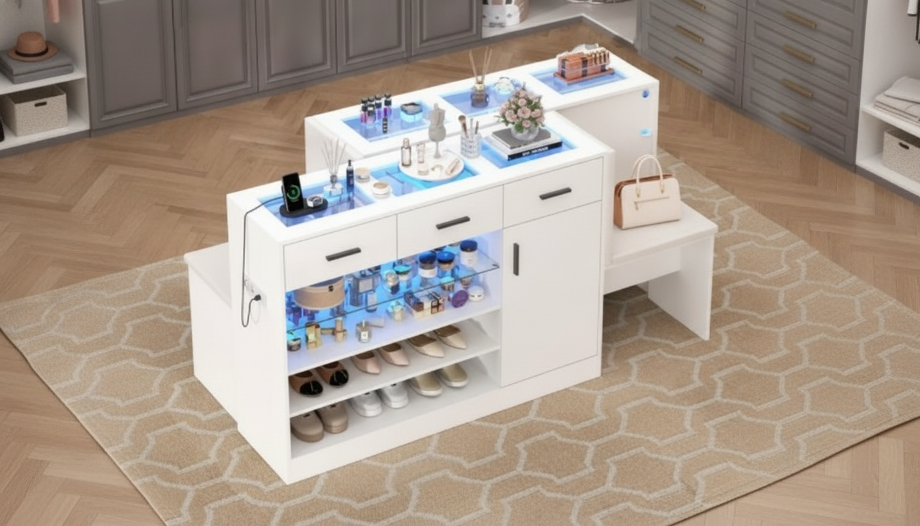 Closet Island Vanity with LED Light & Charging Station