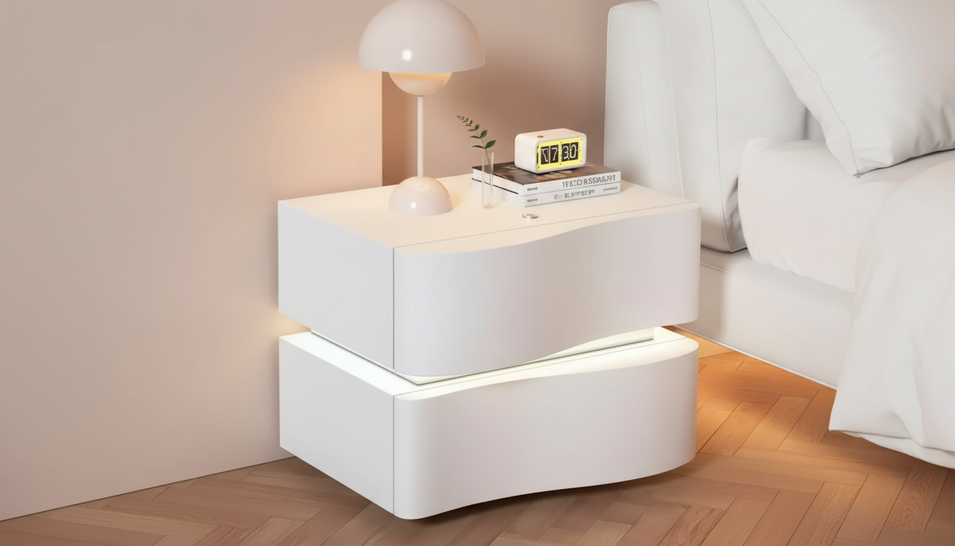 Modern White Nightstand: LED Glow, Leather Drawers